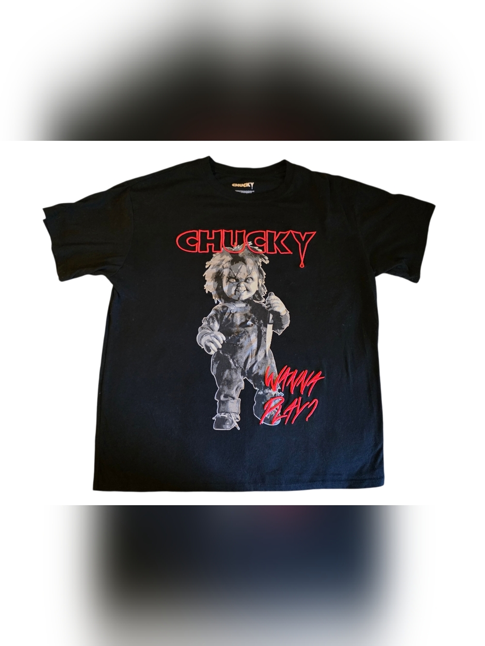 Chucky “Wanna Play?” Graphic T-Shirt Size L Horror Movie Tee